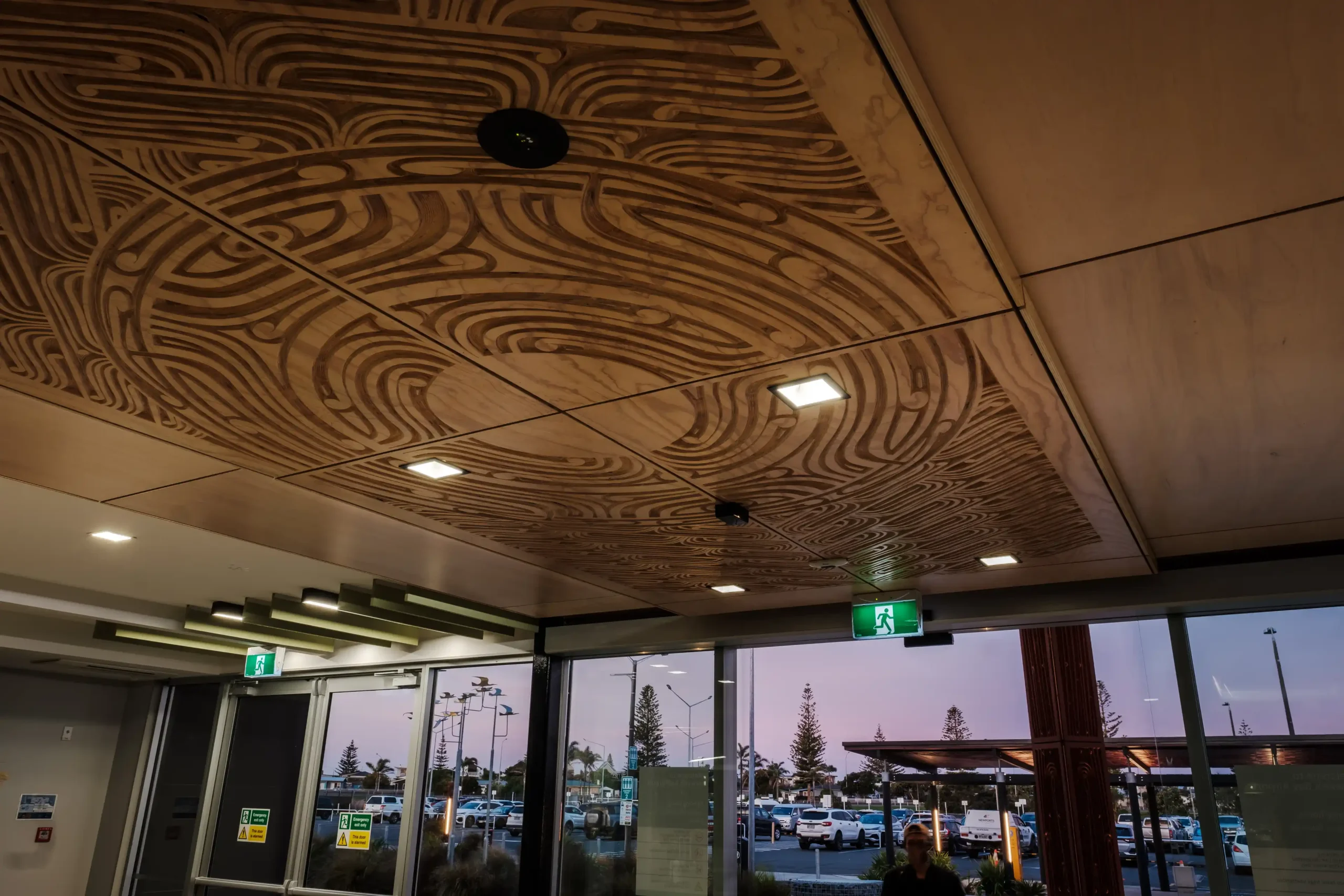 Hawkes Bay Airport - entrance with whakairo on ceiling panels