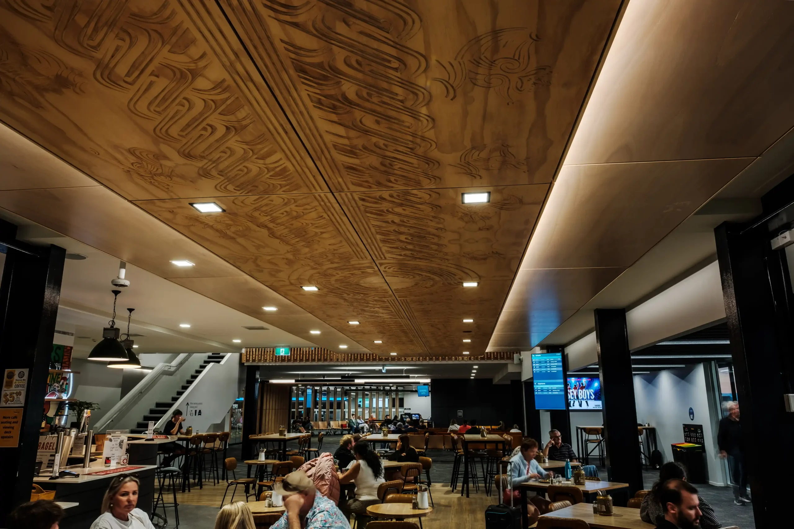 Hawkes Bay Airport - food court with whakairo on ceiling panels